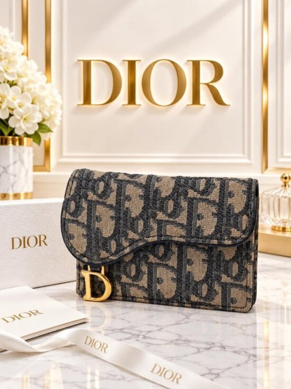 Authentic Dior Saddle Oblique Jacquard Card Holder Wallet Gold D Luxury